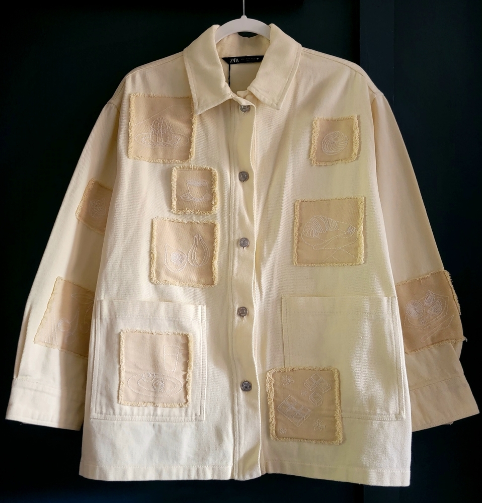 NWT ZARA Light Yellow 100% Cotton Embroidered Patches Oversized Jacket‎ Medium